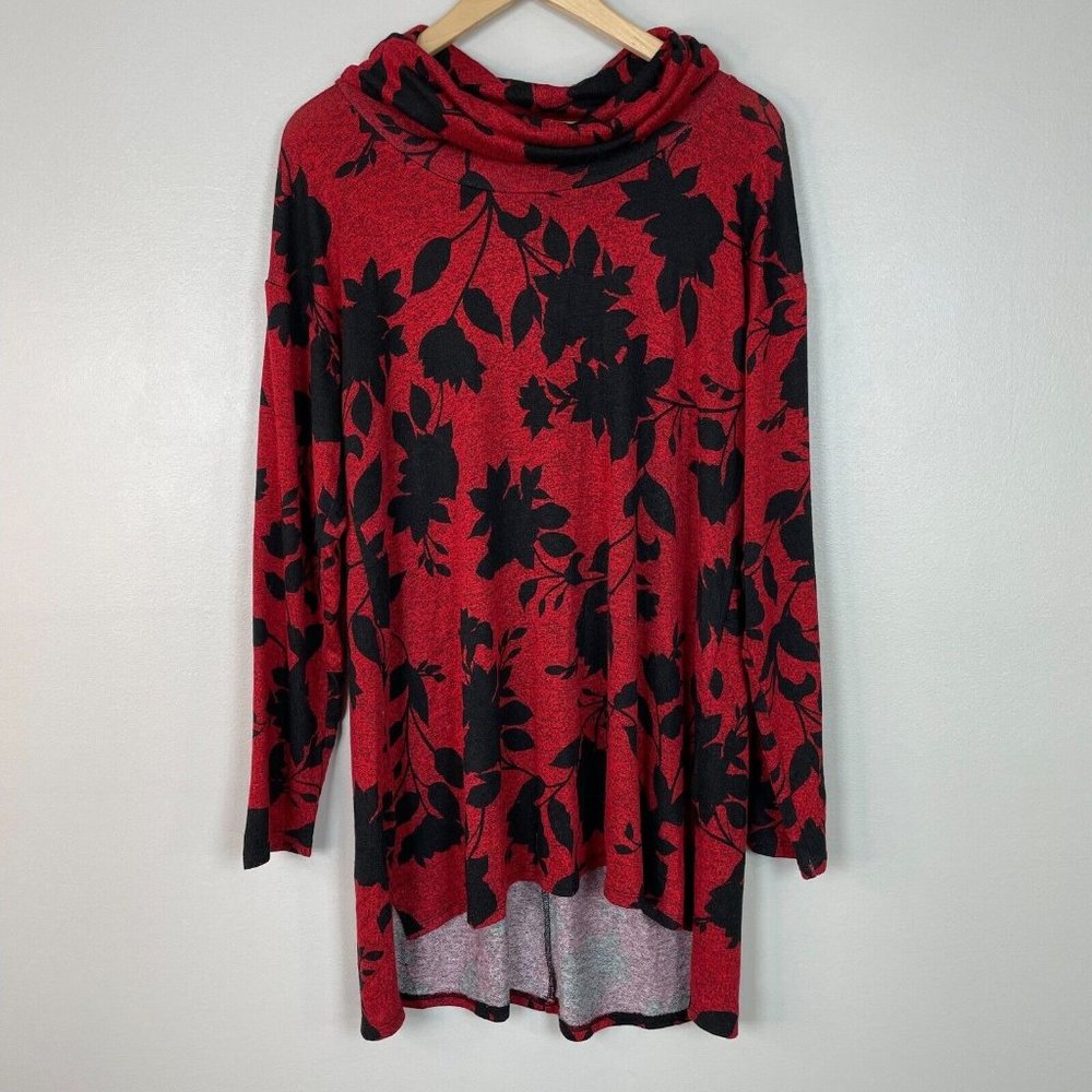 Lane Bryant Tunic Top 14/16 Red Black Floral Cowl Neck Stretch Knit Blouse Women